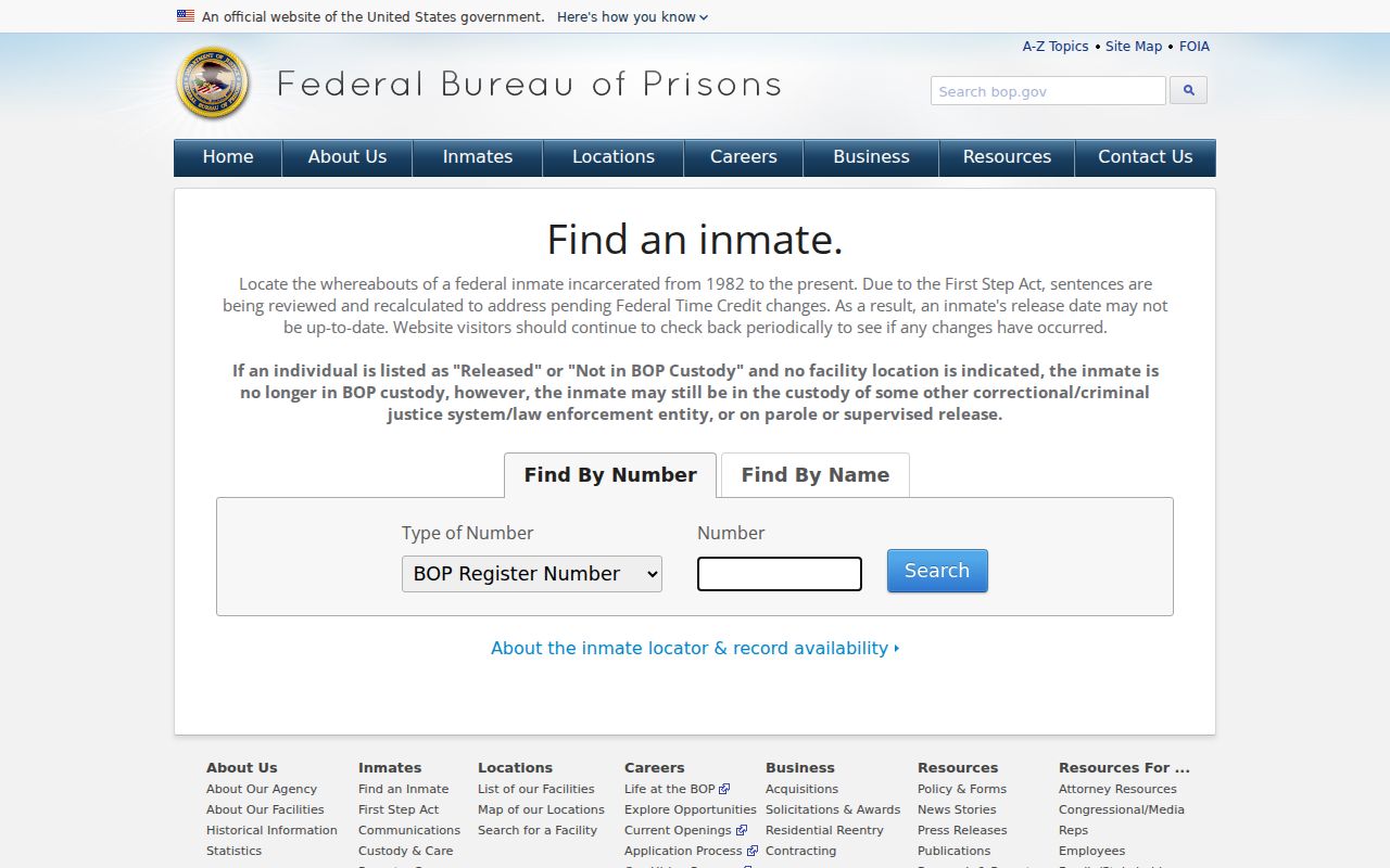 Federal Bureau of Prisons inmate locator for custody searches
