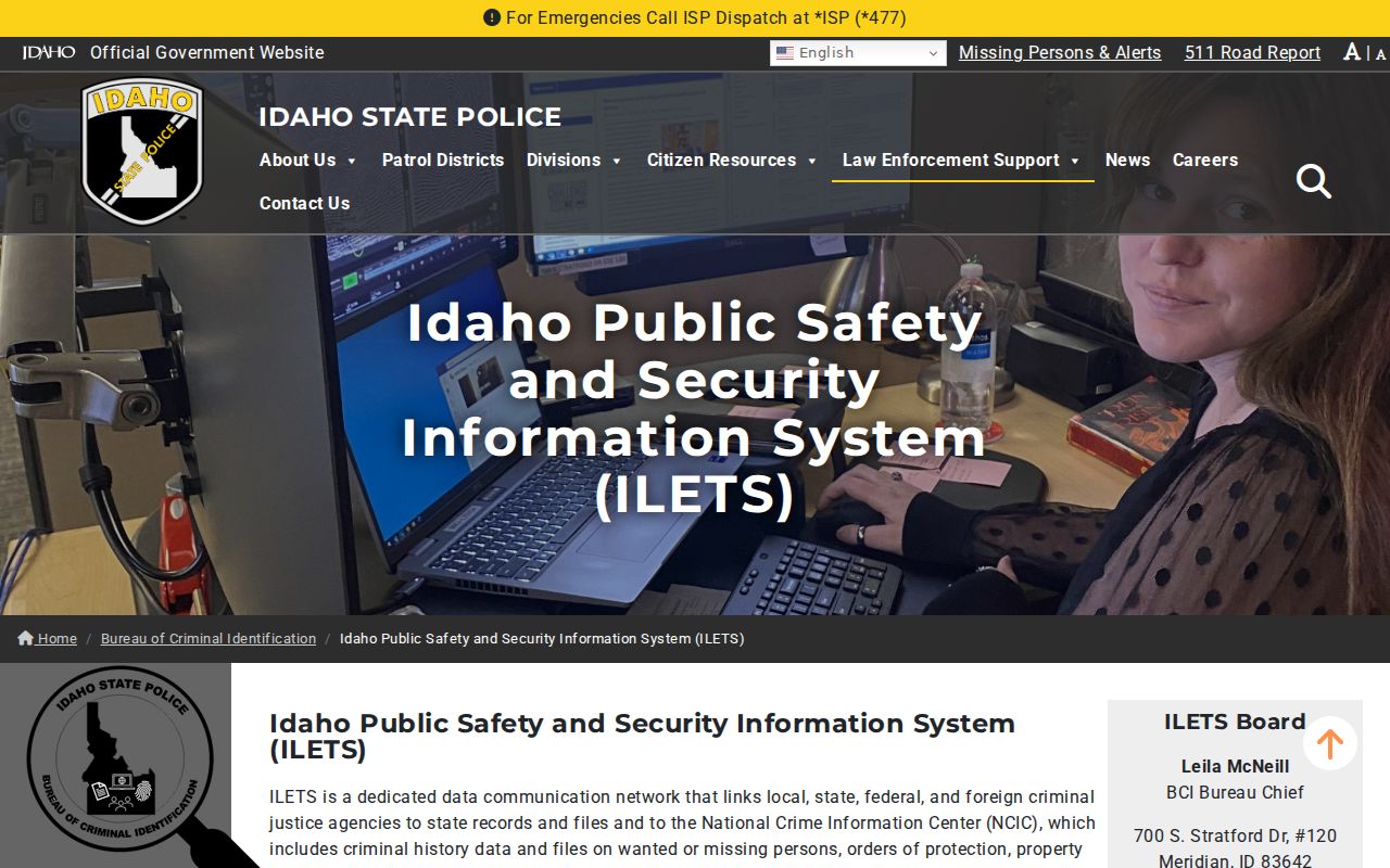 Idaho law enforcement network information related to arrest records