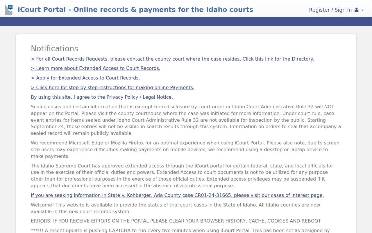 Idaho iCourt portal for Gooding County criminal case searches