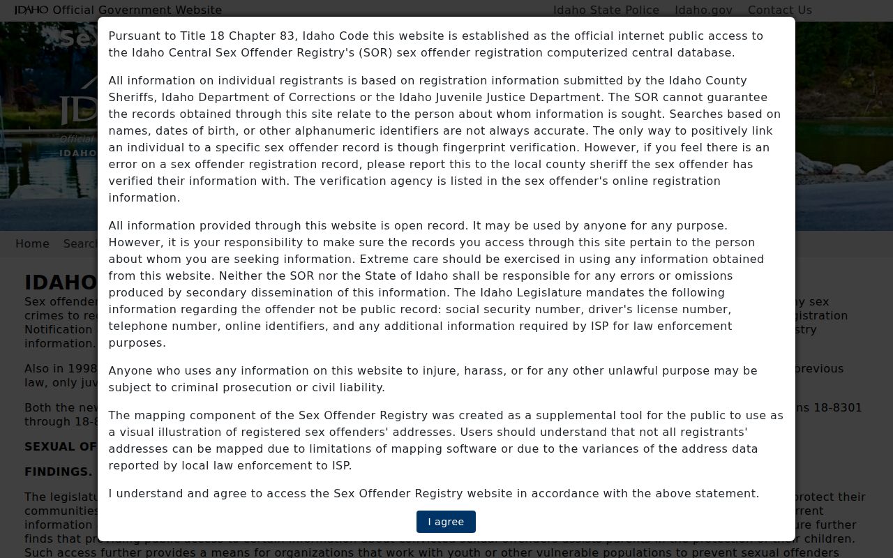 Gooding County sex offender search on the Idaho registry home screen