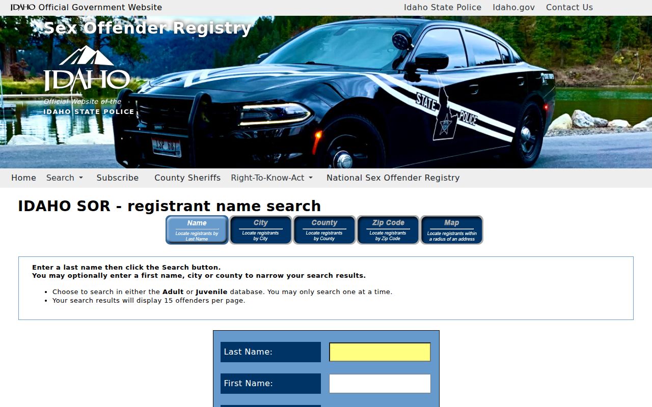 Gooding County sex offender name search fields in Idaho